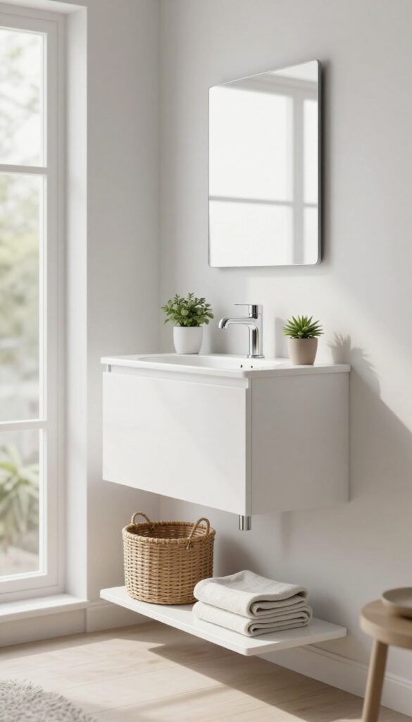 Floating vanity with open shelving in a living room corner, featuring a woven basket and towel for storage.