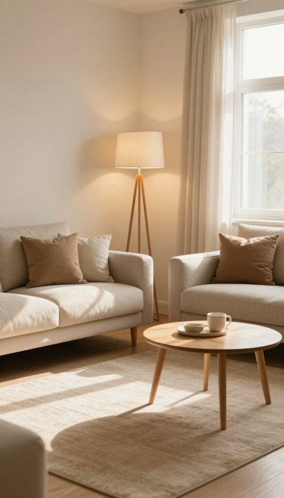 Cozy modern living room with warm floor and table lamps creating a soft, inviting glow