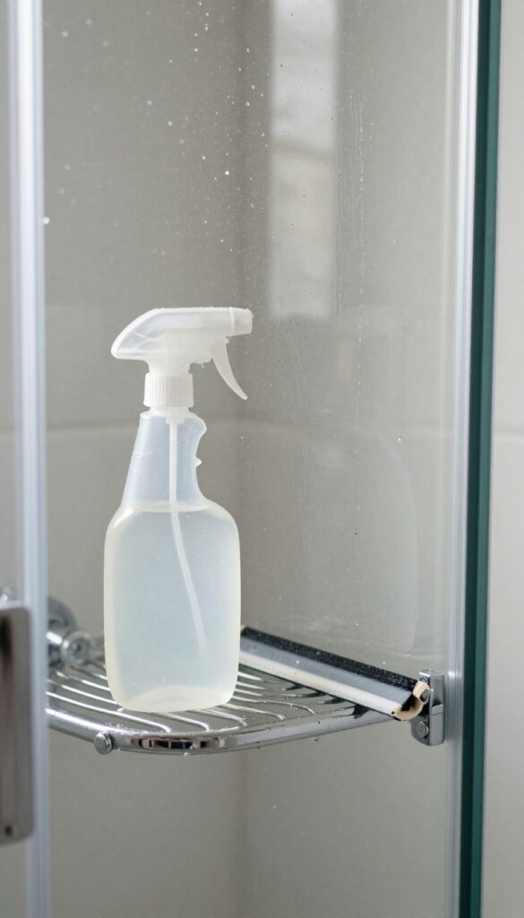 Sparkling clean glass shower door with spray bottle and squeegee in bright natural light