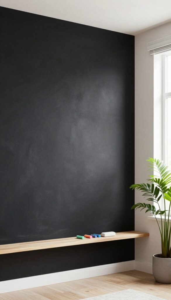 Chalkboard wall in a bright living room with chalk and eraser on a ledge