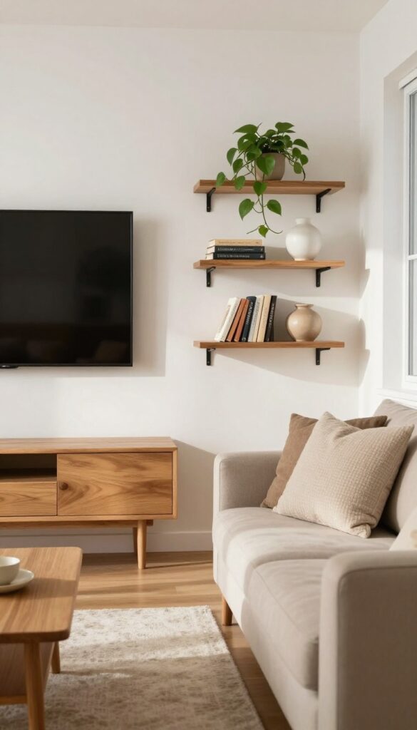Cozy living room with floating shelves beside TV, warm wood tones, books, plant, and ceramic decor