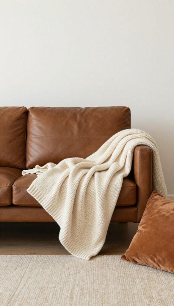 Modern leather sofa with a cream chunky knit throw draped over the arm, cozy living room decor