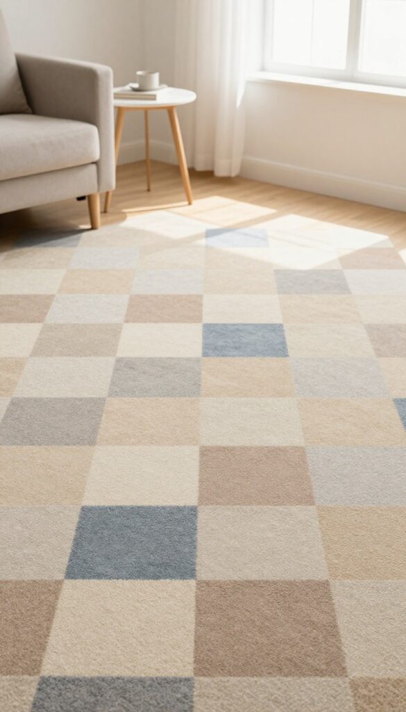 Carpet tiles in checkerboard pattern with warm neutral tones and slate blue accents in a sunlit living room corner.