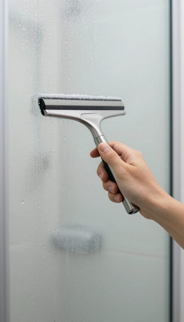 Using a squeegee on a wet shower glass door to prevent water spots