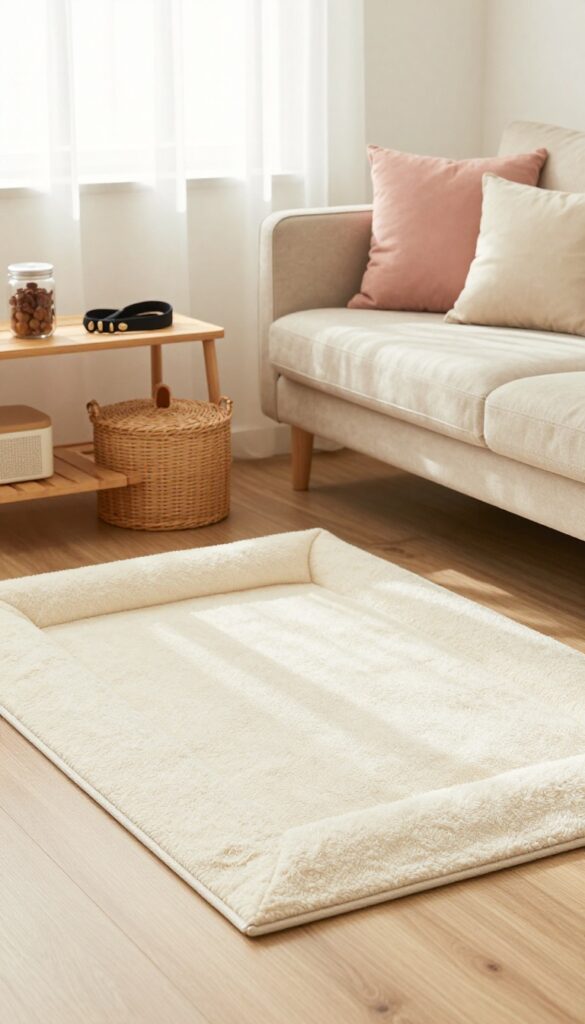 Pet-friendly living room corner with cream pet bed, dusty rose rug, woven basket, and shelf with pet accessories, bright natural light