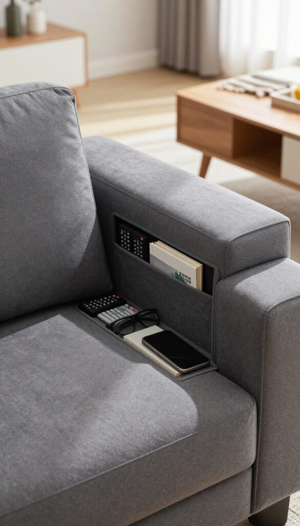 Close-up of a modern charcoal sofa with a storage armrest open, revealing a hidden compartment with a remote, glasses, phone, and book.