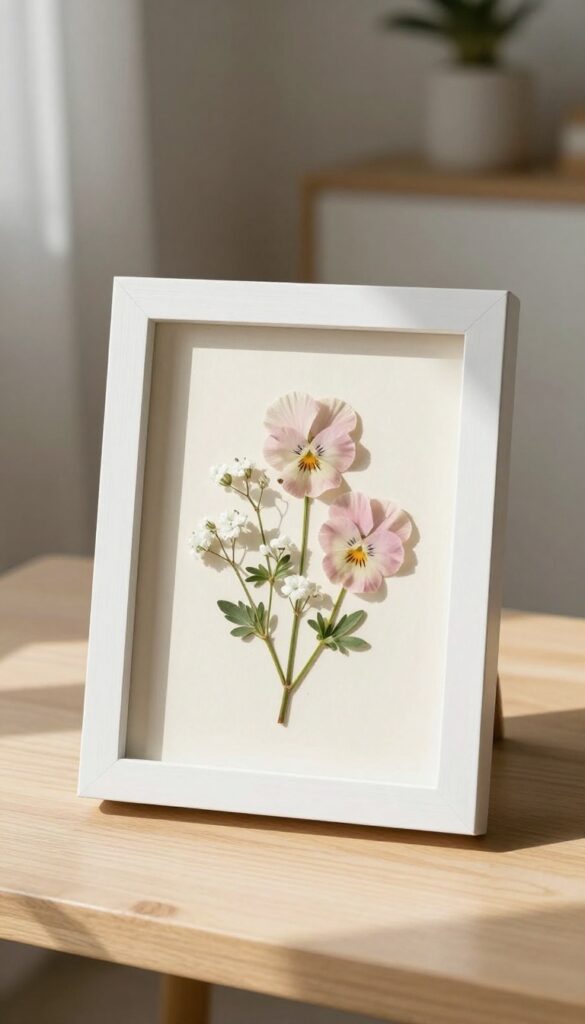 Pressed flower frame in a white wood frame on a console table, natural light, cozy living room corner