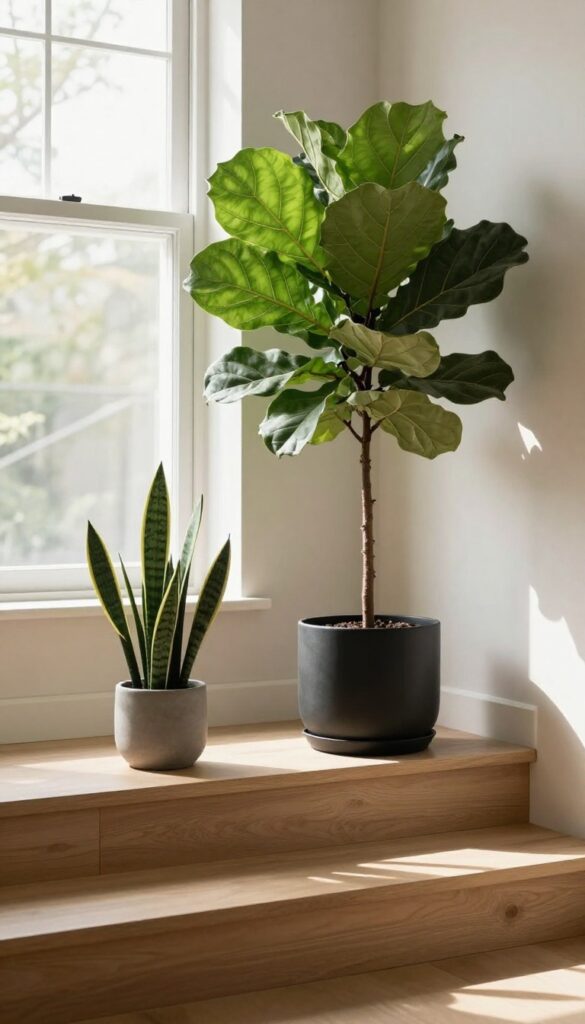 Sunken living room with tall fiddle leaf fig and smaller snake plant softening the step transition, warm lighting, cozy decor.
