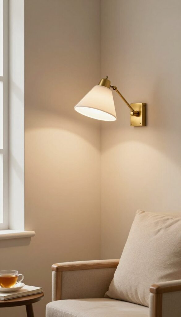 Swing-arm wall sconce providing task lighting in a small living room corner