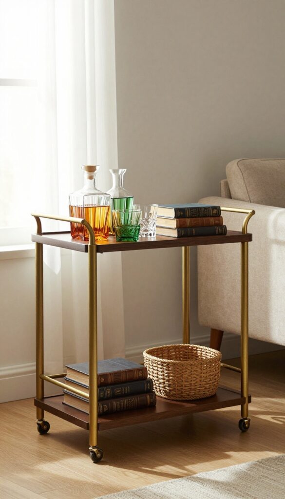 Vintage bar cart with amber and green glassware and stacked leather books in a bright living room corner
