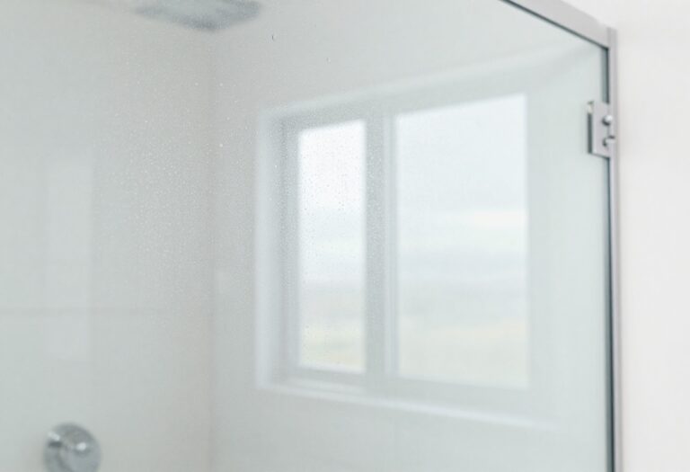 Clean glass shower door reflecting bathroom interior