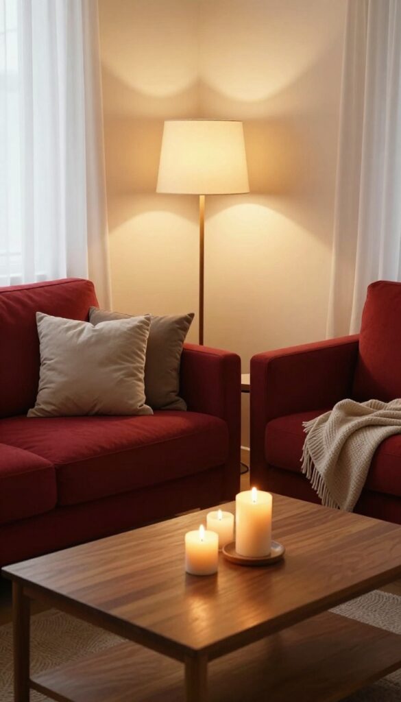 Cozy living room with red couch and warm layered lighting from lamps and candles