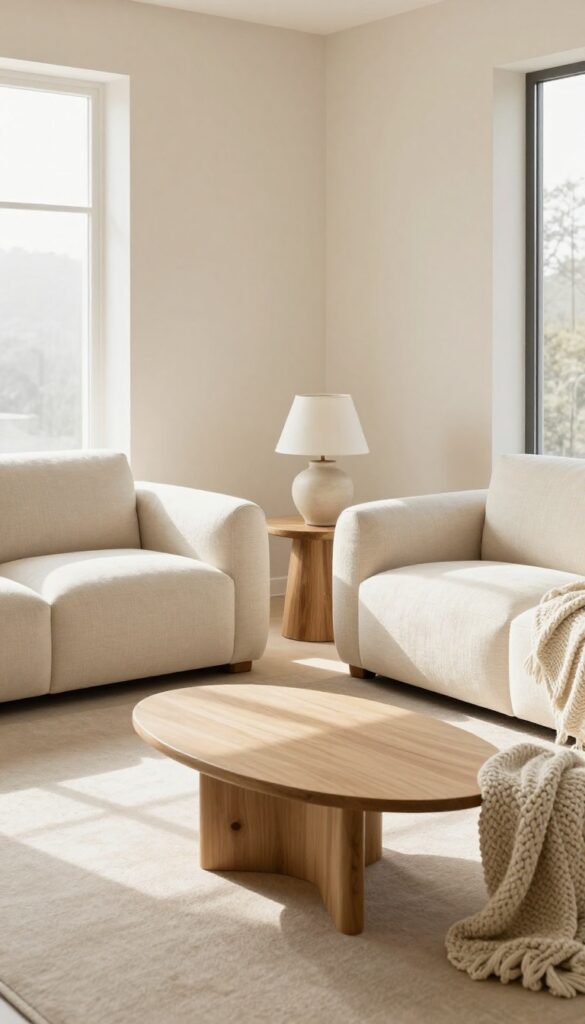 Modern living room with curved bouclé accent chairs and clean-lined sofa