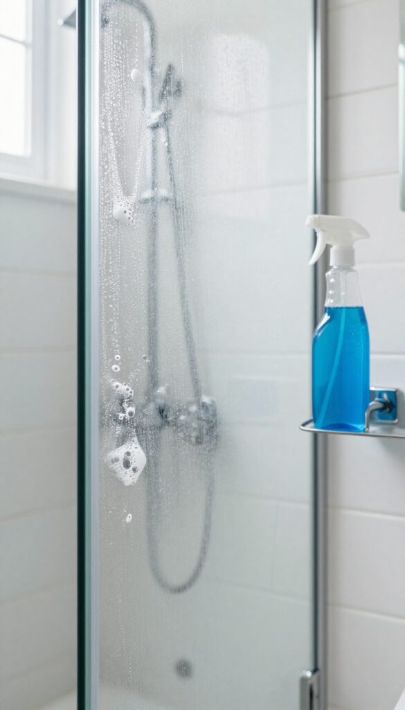 Close-up of a glass shower door with soap scum being cleaned with a blue dish soap and vinegar spray, spray bottle nearby, bright natural light.