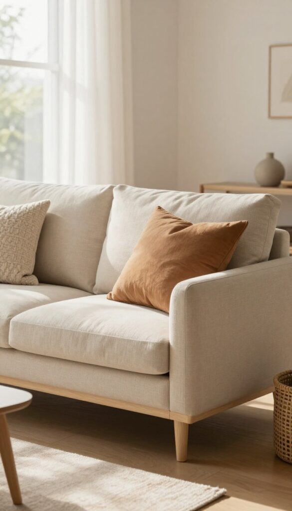 Slim-profile beige sofa with tapered legs, chunky knit throw, and linen pillows in a bright small living room