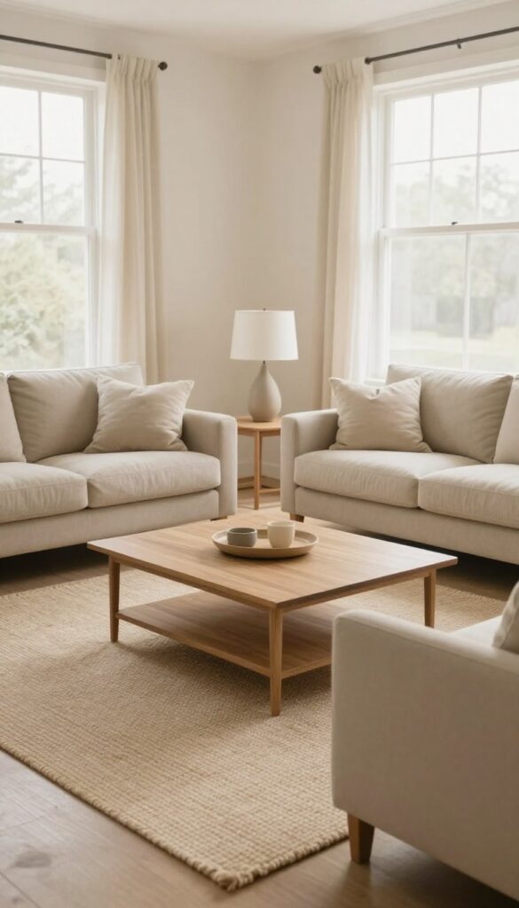 Two beige sofas facing each other in a symmetrical living room layout with a coffee table between them.