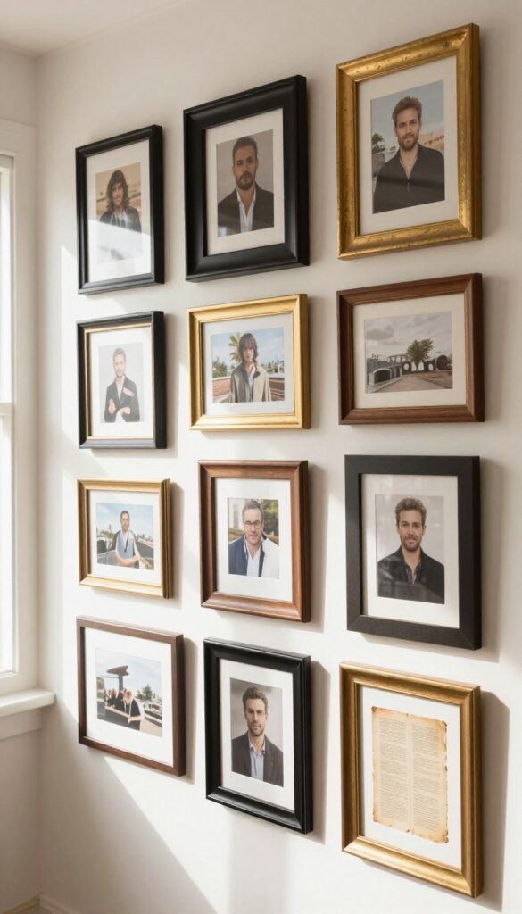 Gallery wall with thrifted frames in a bright living room