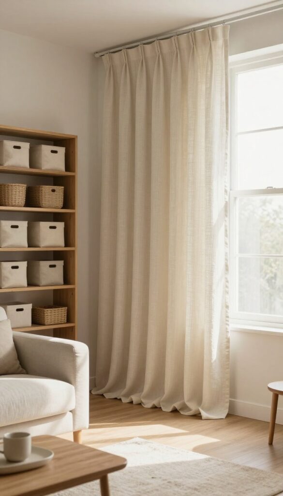 A curtain hiding clutter in a cozy living room with open shelving and storage bins.