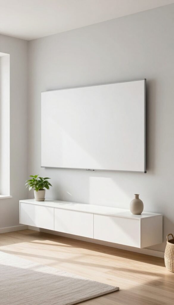 Floating white Besta cabinet in a bright living room with a basket underneath