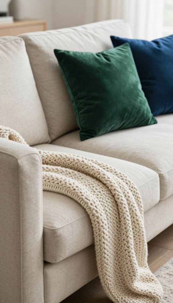 Chunky knit throw draped over a neutral sofa with emerald green and sapphire blue velvet pillows, cozy glam living room decor