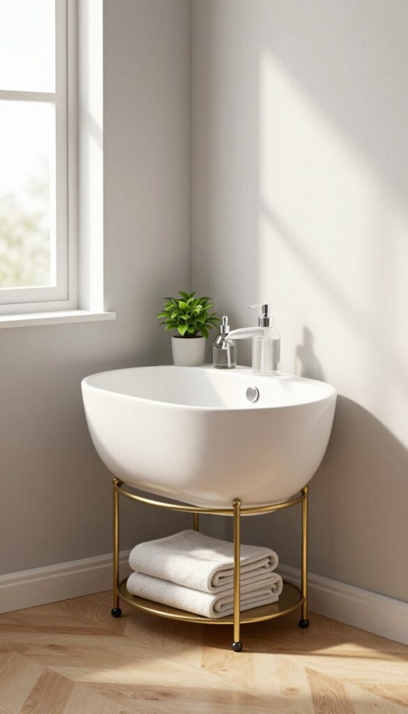 Wall-mounted basin with under-sink caddy in living room corner