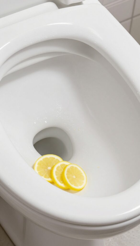 Close-up of a toilet bowl with coarse salt and fresh lemon slices, natural cleaning method.