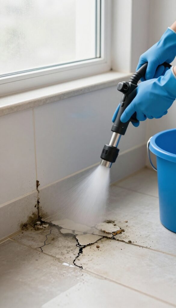 Professional cleaning shower grout with steam wand and mold stains