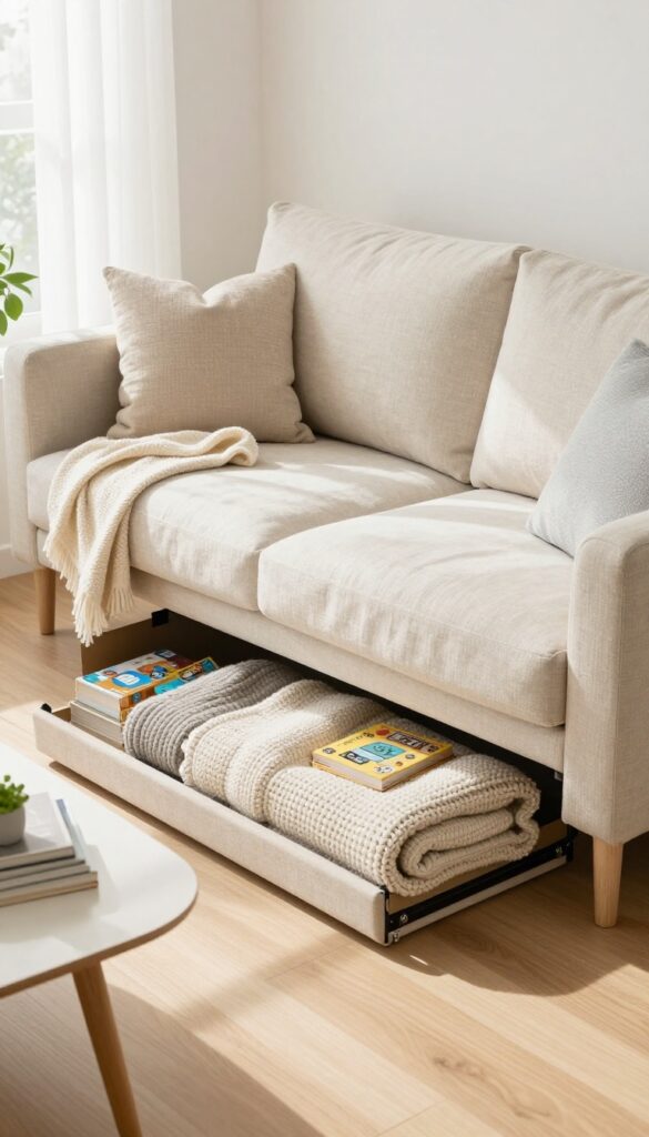 A cozy living room featuring a linen sofa with built-in storage, showing a lifted seat cushion revealing neatly stored blankets and games.