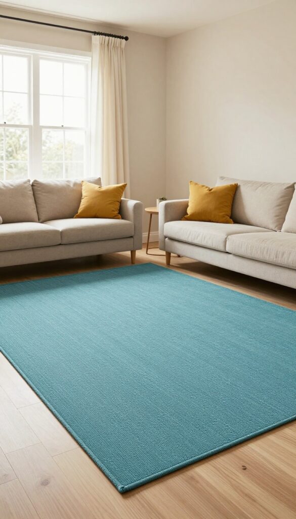 Teal area rug defining a modern living room seating area with neutral walls and mustard accents.