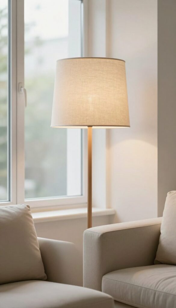 Cozy living room corner with a floor lamp featuring a fabric shade casting warm light beside an armchair