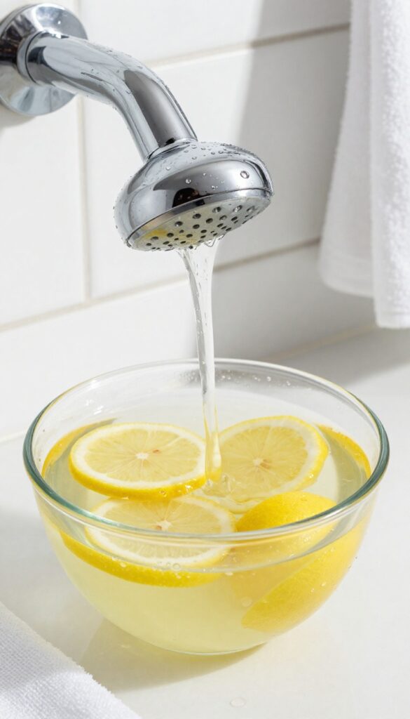 Shower head soaking in lemon juice in a glass bowl on a bathroom counter