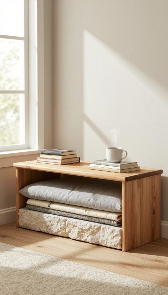 Cozy living room with stone fireplace and hearth bench featuring hidden storage drawers, coffee mug and books on top, soft natural light.