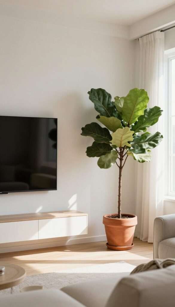 Tall fiddle-leaf fig plant beside a flat-screen TV on a clean wall, softening the tech edge with natural green contrast in a bright cozy living room.