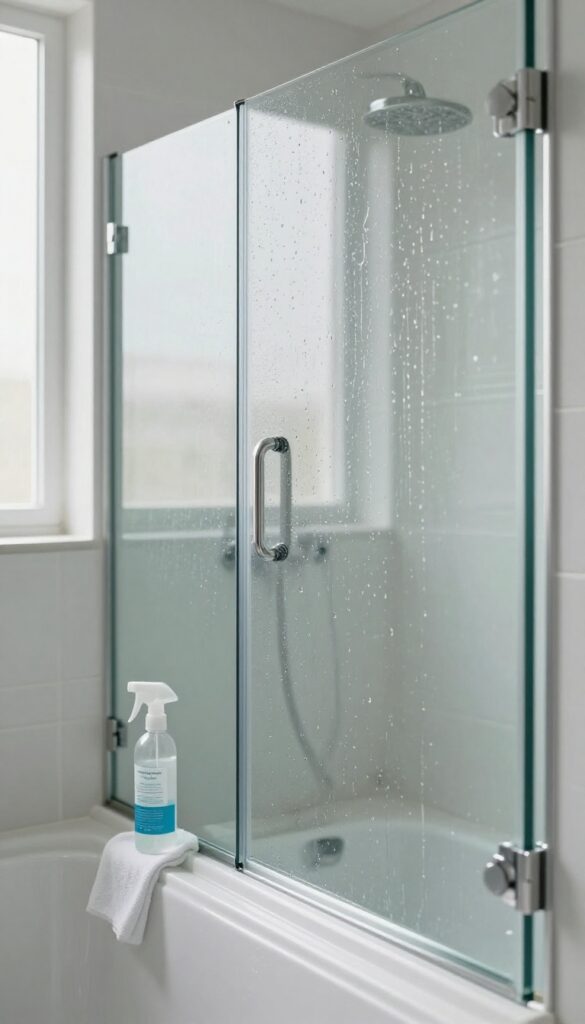 Close-up of a glass shower door with water beading up after applying a protective coating, spray bottle and cloth nearby.