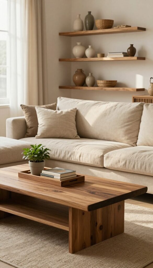 Warm brown and beige living room with wood coffee table and floating shelves