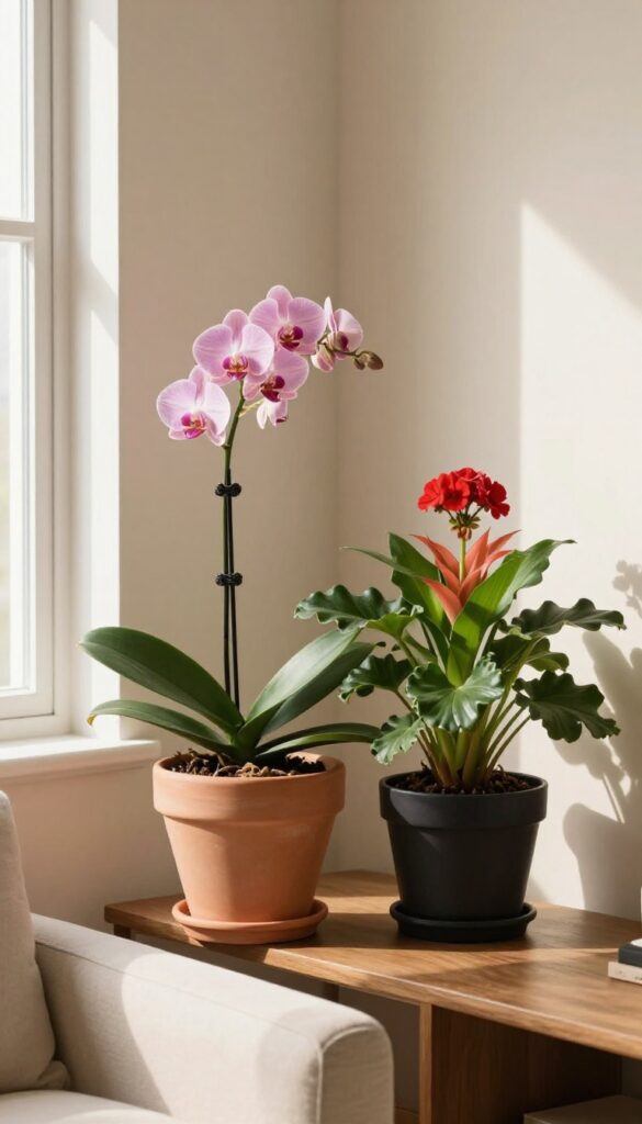 Potted flowering plants like orchids and geraniums on a console table in a warm, cozy living room