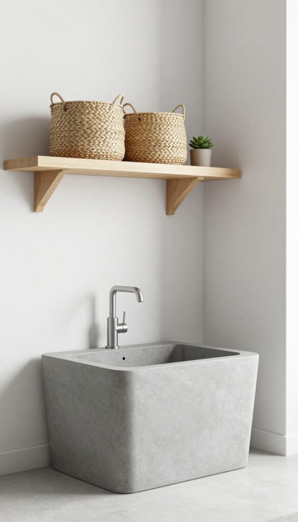 Minimalist concrete basin with floating shelf in living room corner