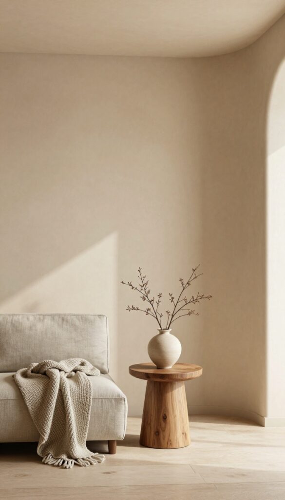 Curved limewash wall in warm clay tone with cozy reading nook in modern living room