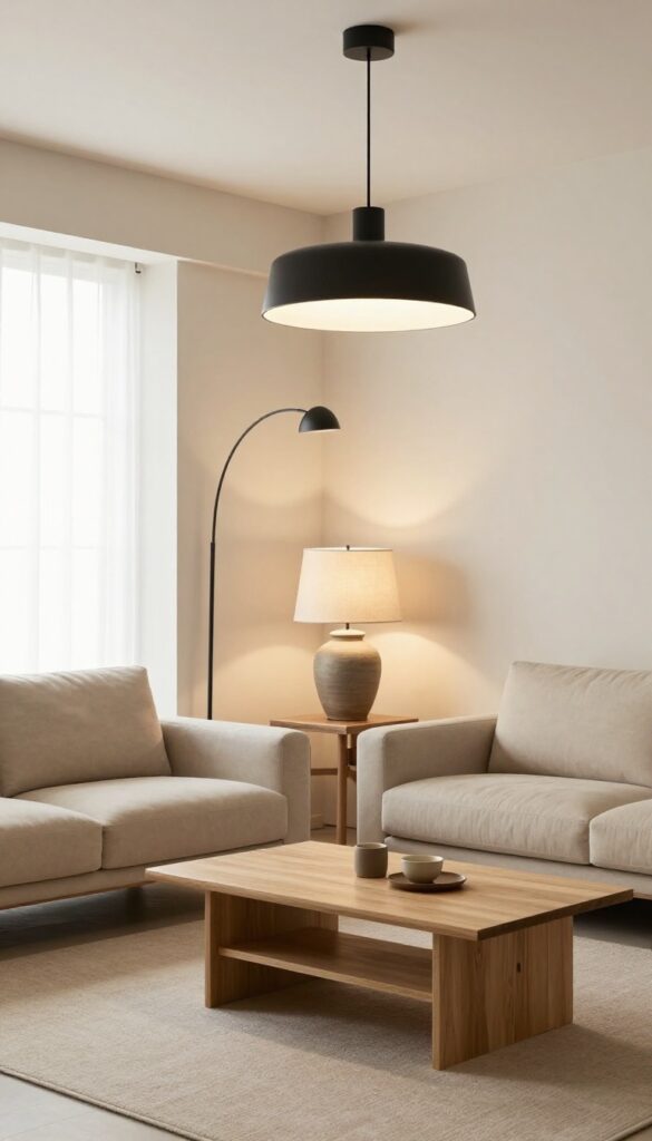 Modern family living room with layered lighting including a pendant light, arc floor lamp, and table lamp, creating a warm and inviting atmosphere.