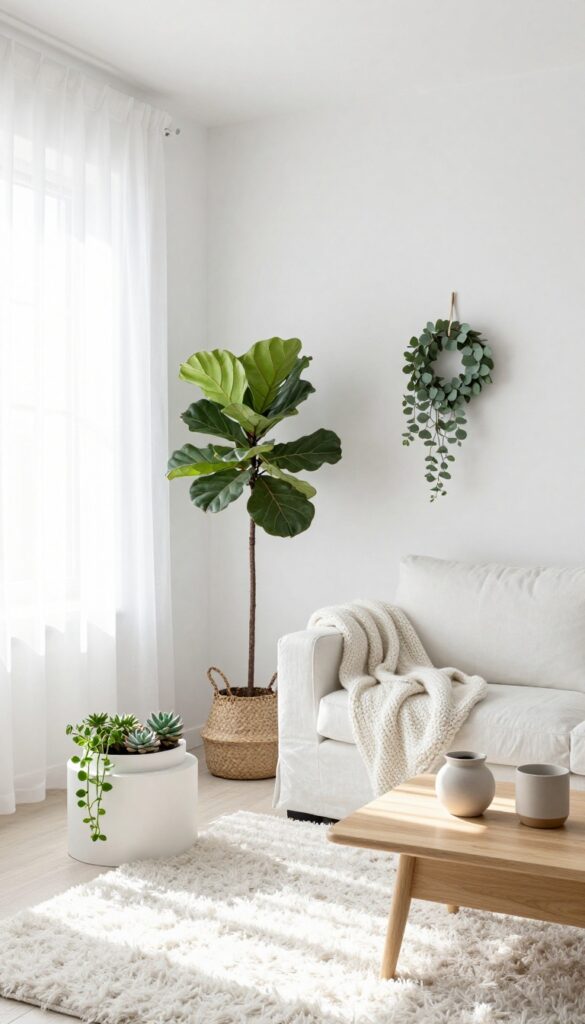 White living room with white sofa and greenery pops, natural light, clean and airy