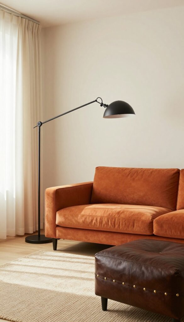 Burnt orange sofa with black metal floor lamp and leather ottoman in bright living room