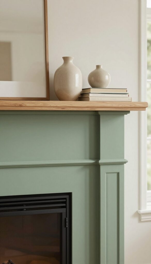 Sage green painted fireplace surround with natural wood mantel and simple decor in a bright living room