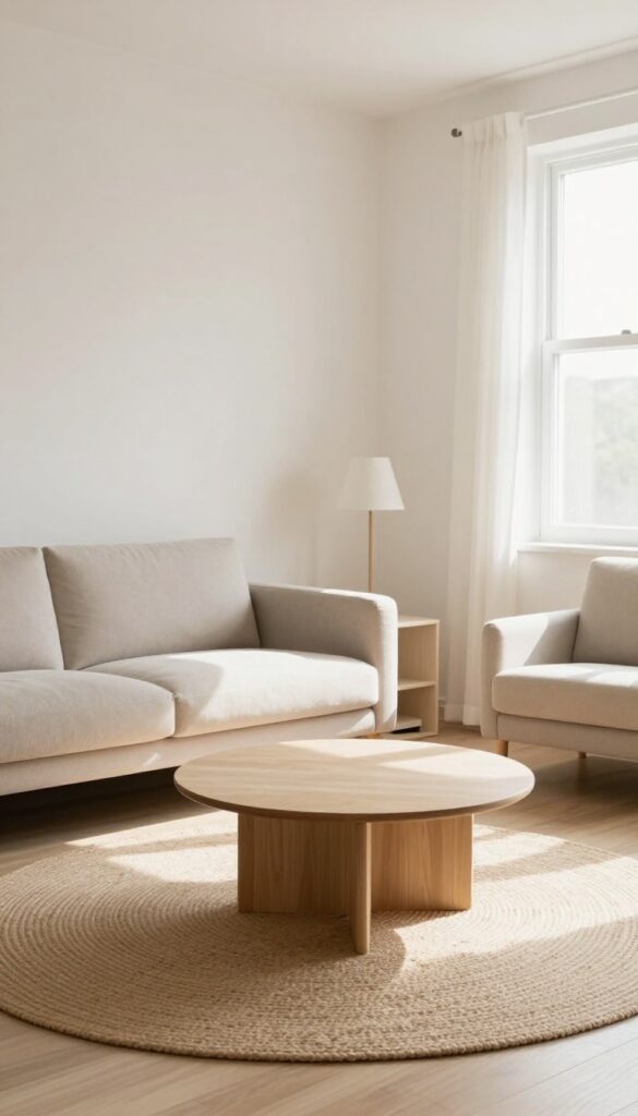 Small living room with round jute rug under coffee table, softening sharp corners, bright natural light, cozy reading nook.