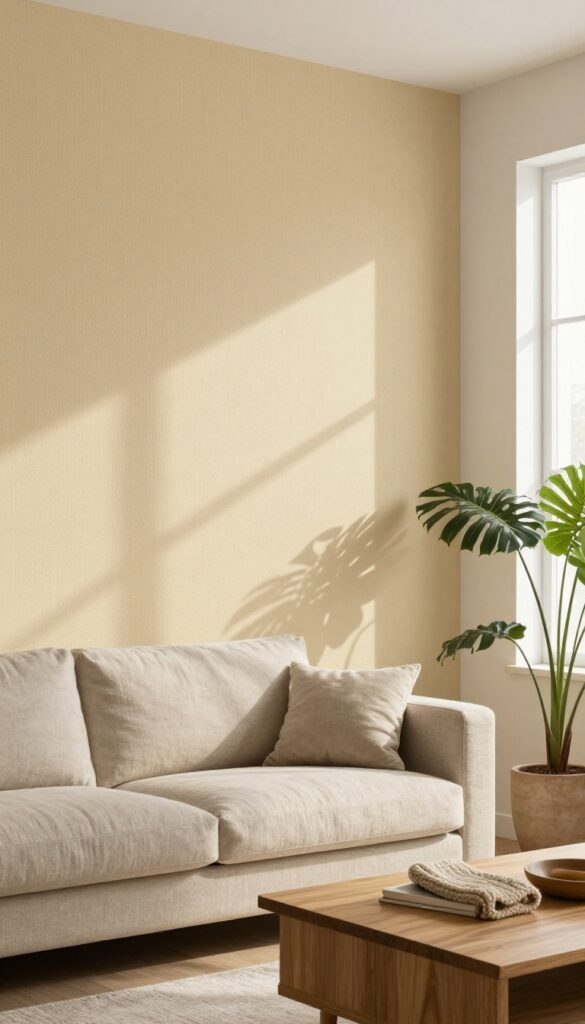 Modern living room with textured grasscloth wallpaper, neutral sofa, wooden accents, and greenery in natural light.