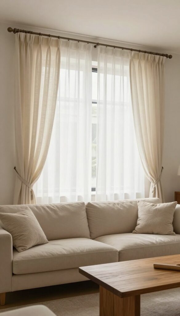Floor-to-ceiling cream linen curtains in a bright living room, mounted close to the ceiling, pooling on the floor, with sheer panels underneath and cozy neutral decor.