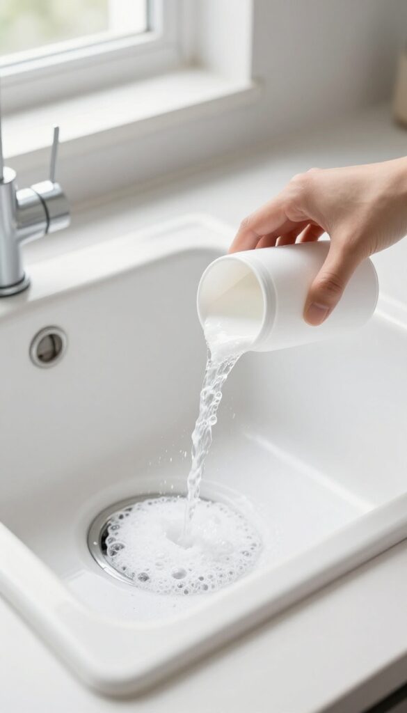 Baking soda and vinegar fizzing in a garbage disposal to clean and deodorize it.