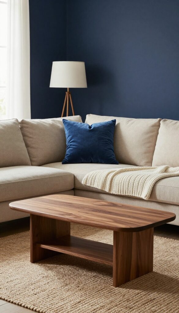 Cozy living room with navy accent wall, warm wood coffee table, cream throw, and jute rug.
