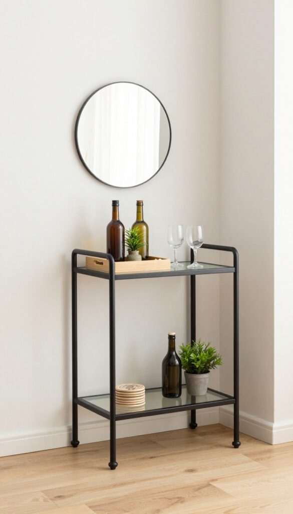 A narrow alcove in a living room styled as a compact bar cart with bottles, glasses, and a mirror above.