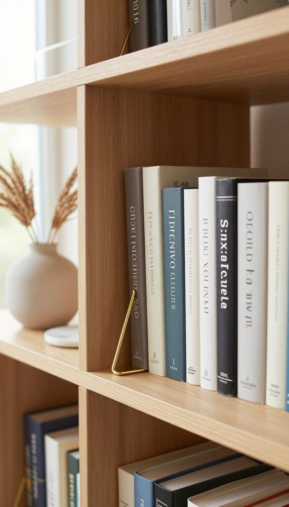 A styled bookshelf vignette with brass geometric bookends separating books, a ceramic vase, and a marble coaster in natural light.