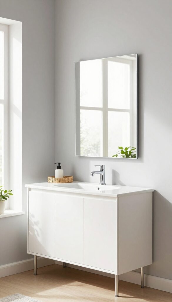 Corner vanity with mirrored cabinet above in a bright living room